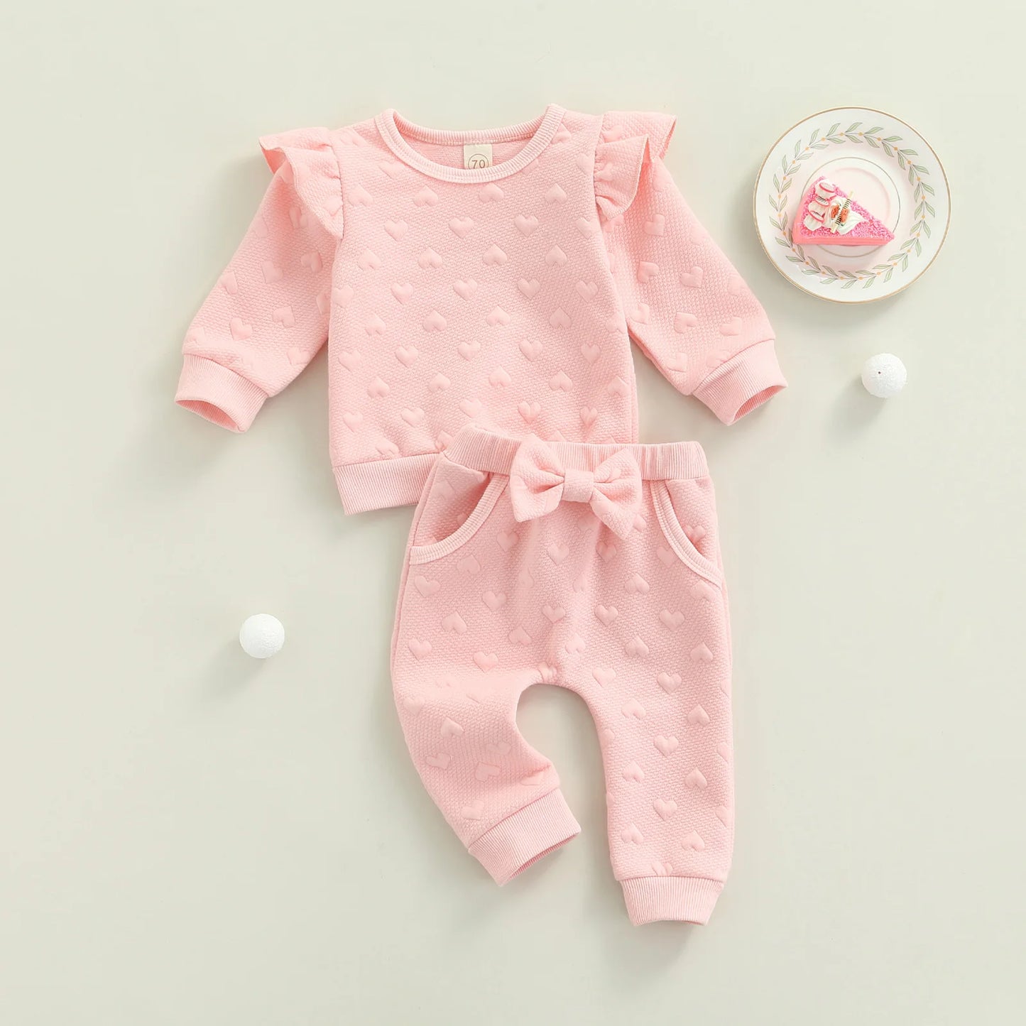 Pink Embossed Heart Baby Set with Bow