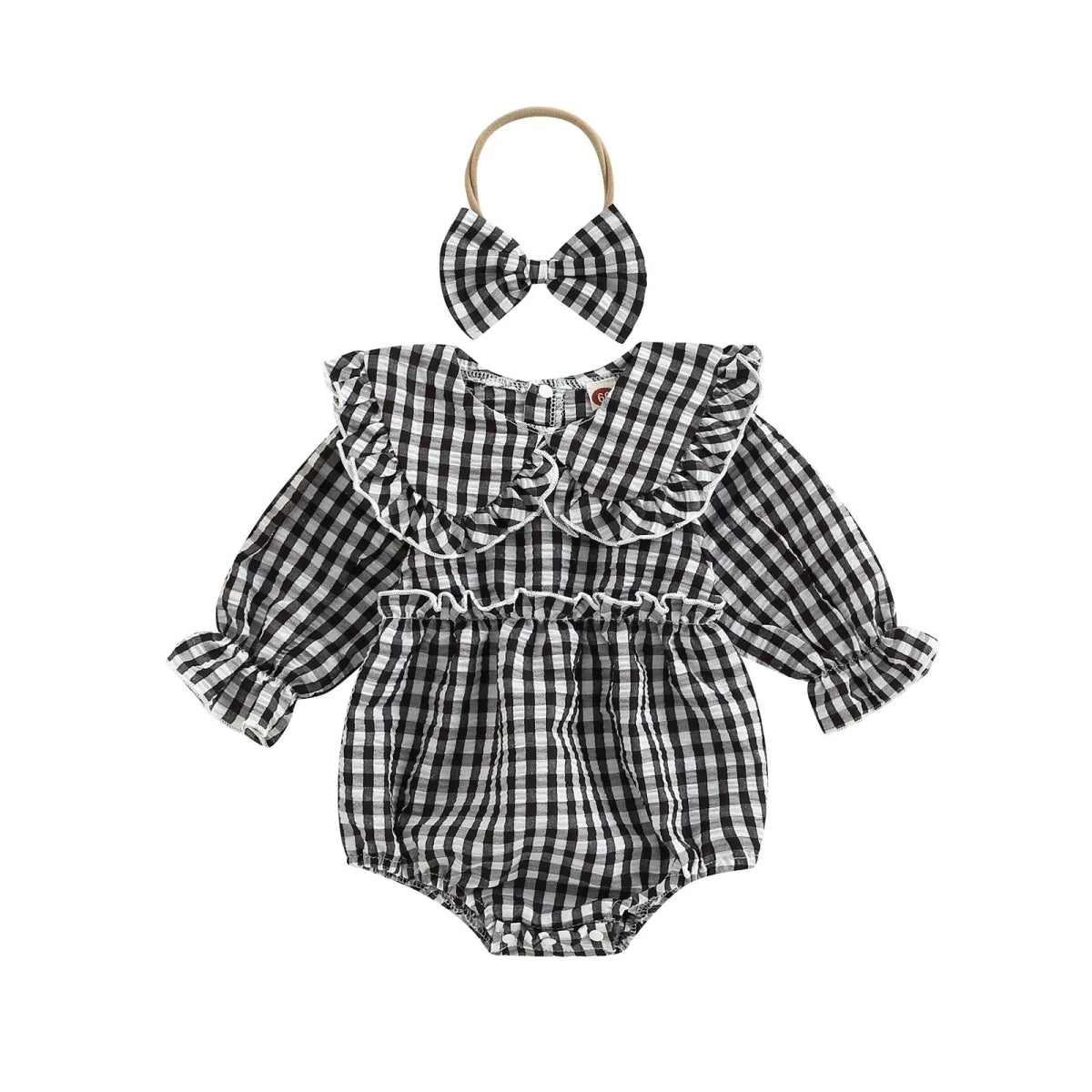 Gingham Ruffle Collar Romper with Bow - Betina Baby & Kids