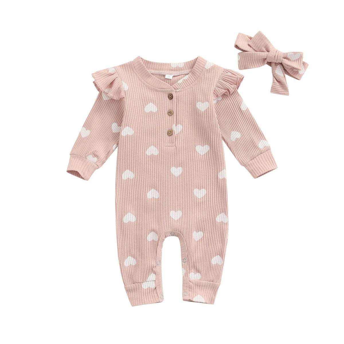 Heart Print Baby Romper with Bow Headband - Betina Baby & Kids