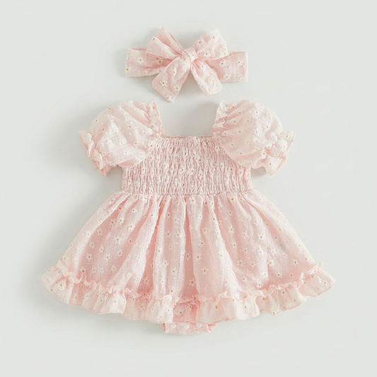 Daisy Smocked Baby Romper Dress with Bow