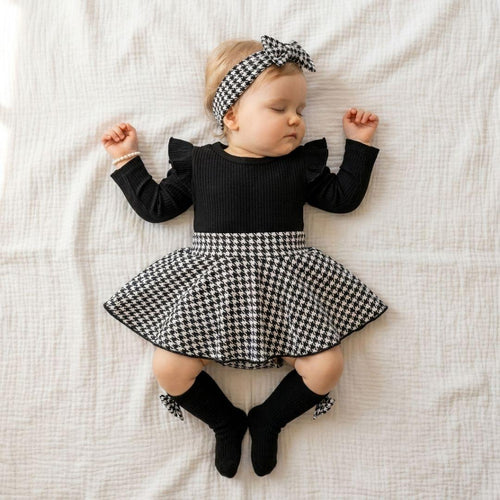 Maison Elegance Houndstooth Long Sleeve Dress 3 Pçs