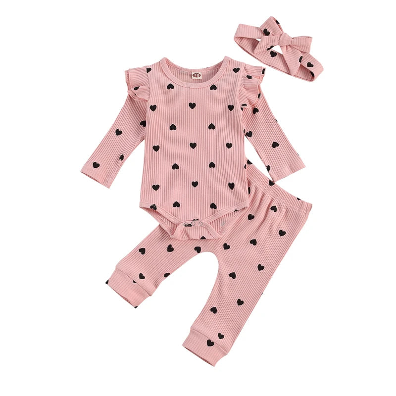 Heart Print Ruffle Baby Set with Bow Headband