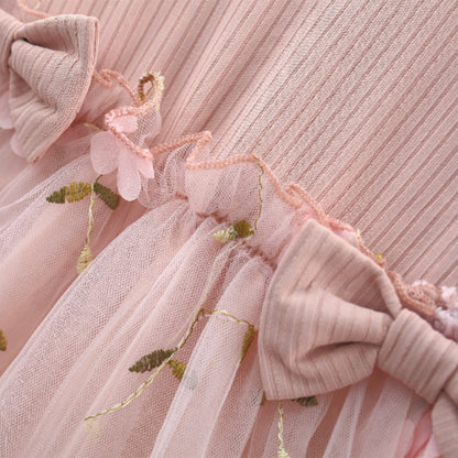 Blush Bow Tulle Long Sleeve Dress