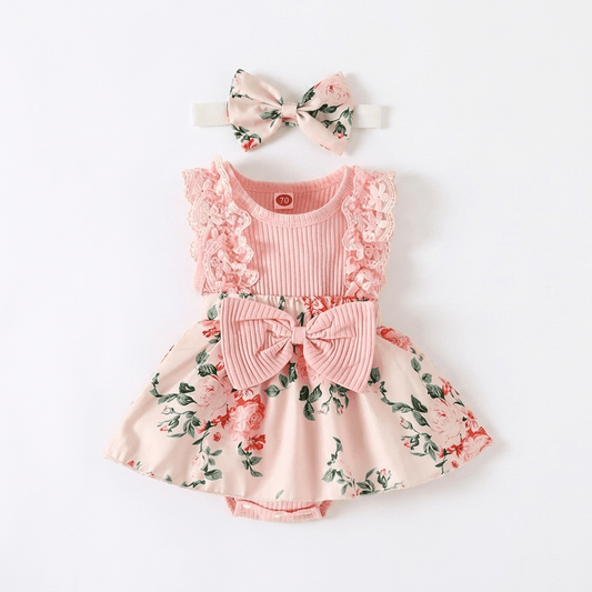 Floral Lace Romper Dress with Headband - Betina Baby & Kids