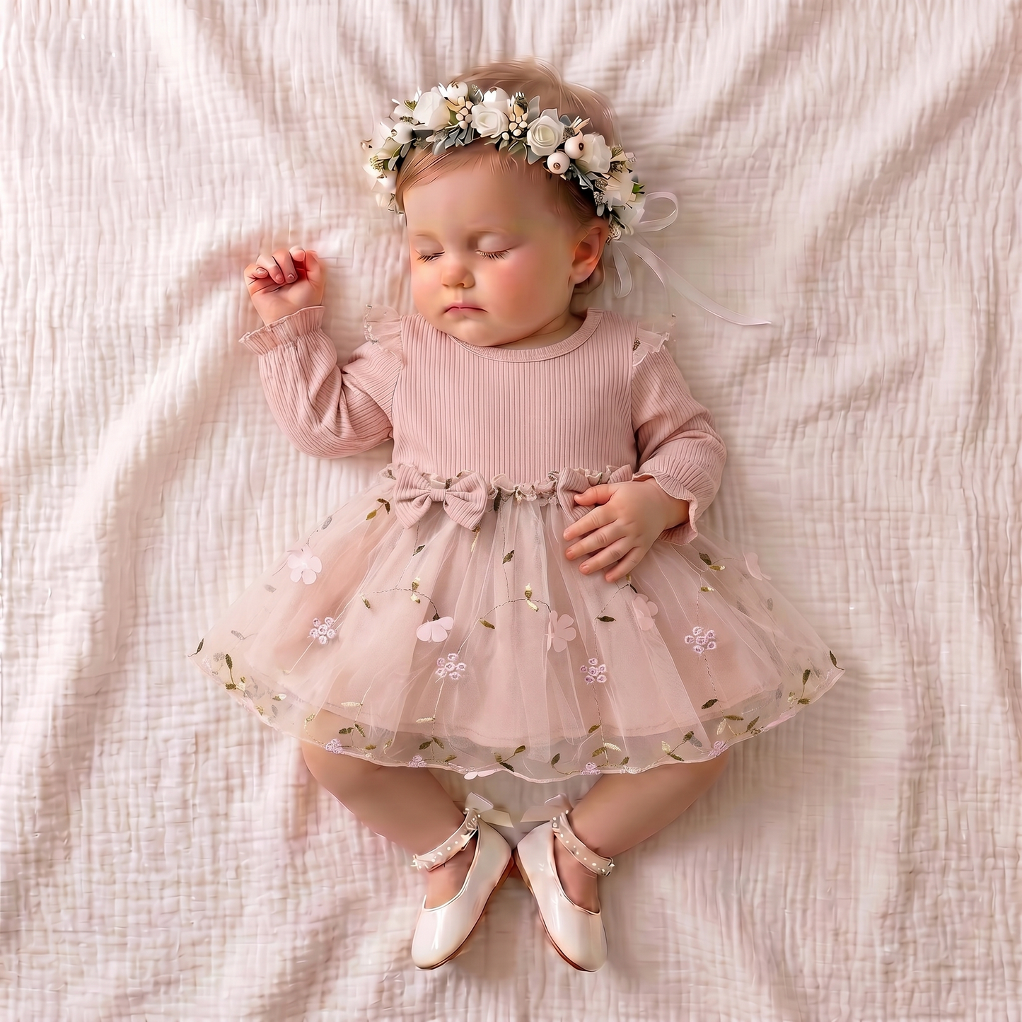 Blush Bow Tulle Long Sleeve Dress