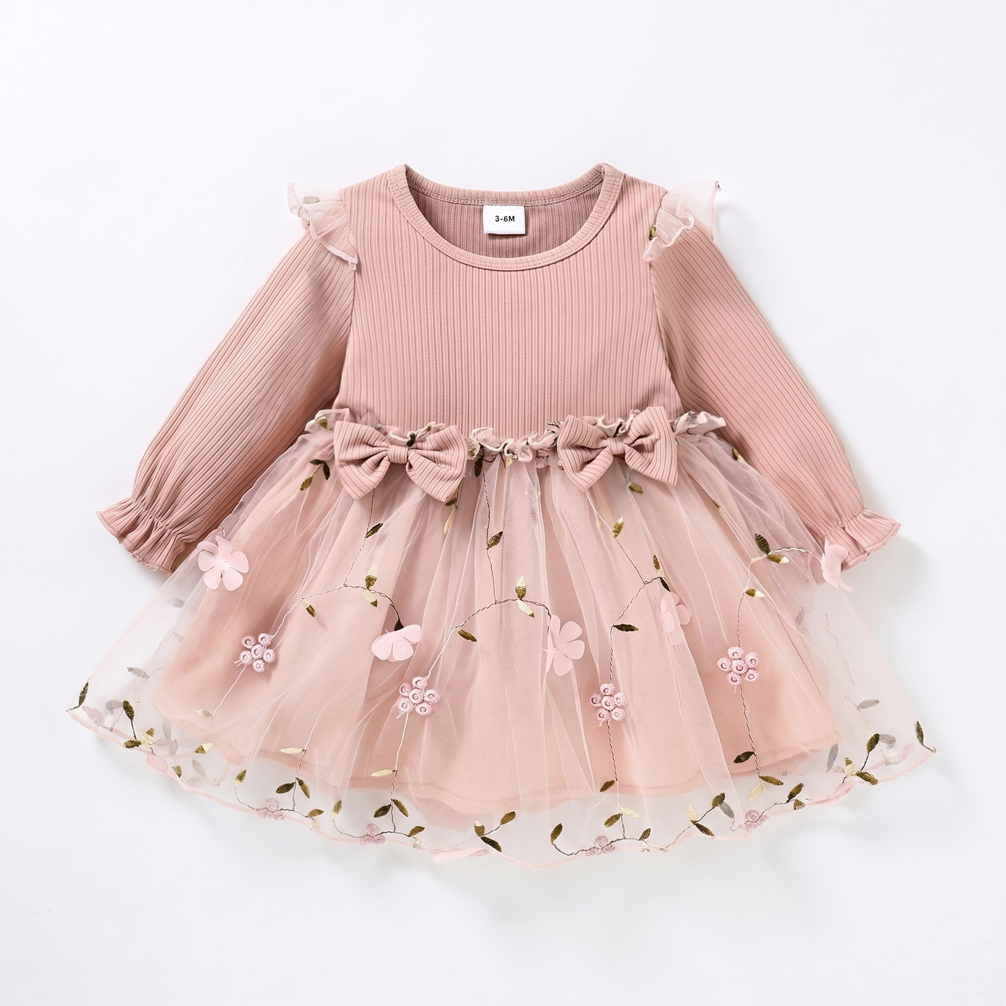 Blush Bow Tulle Long Sleeve Dress