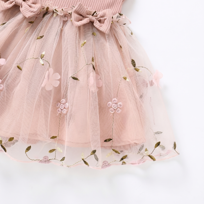 Blush Bow Tulle Long Sleeve Dress