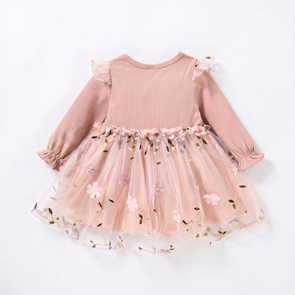 Blush Bow Tulle Long Sleeve Dress