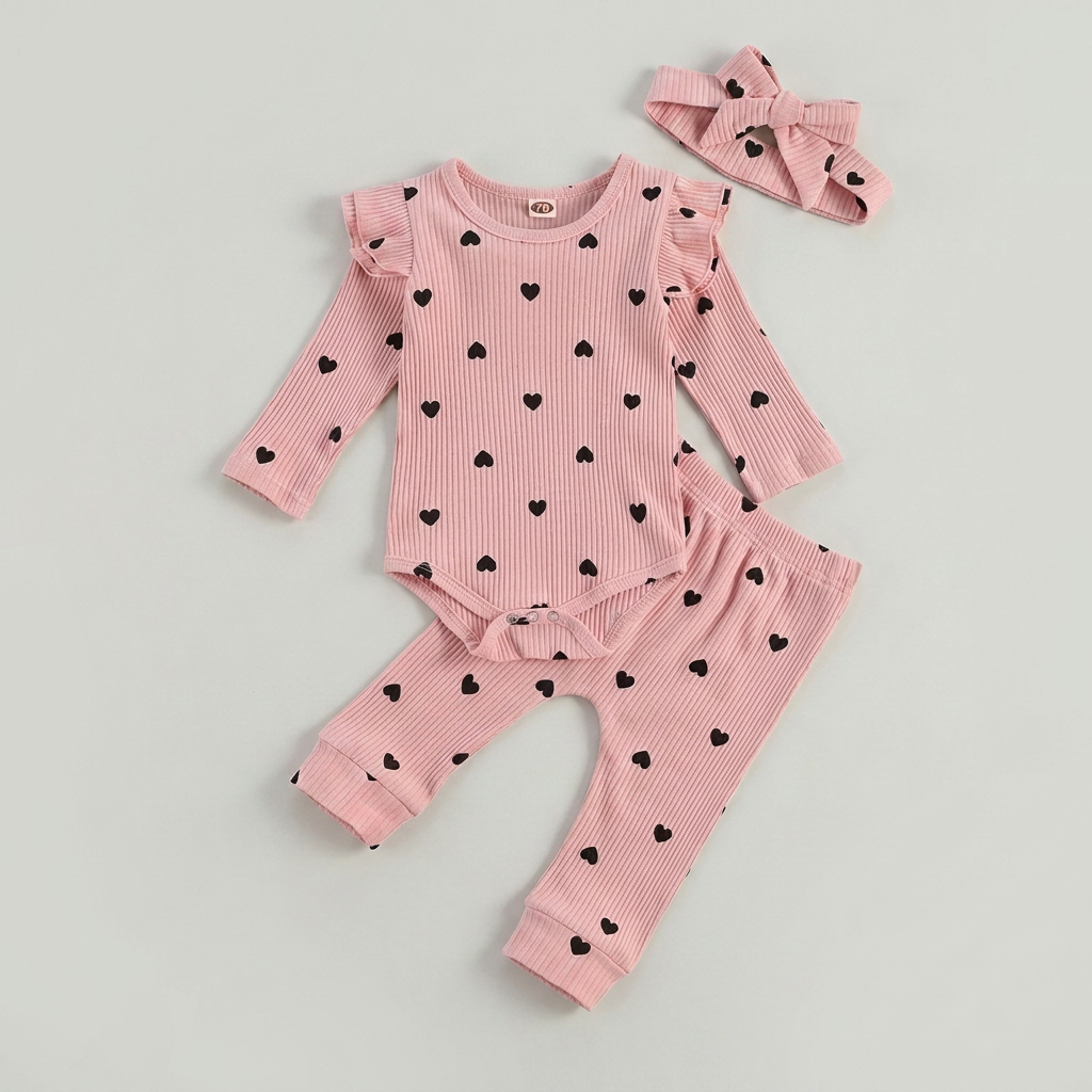 Heart Print Ruffle Baby Set with Bow Headband