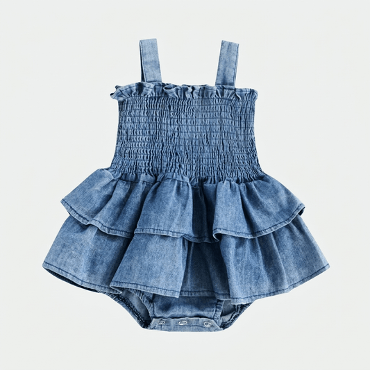Smocked Denim Ruffle Baby Romper - Betina Baby & Kids