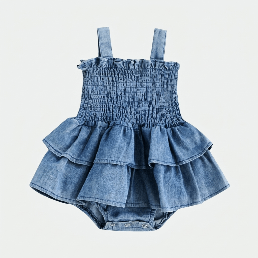 Smocked Denim Ruffle Baby Romper - Betina Baby & Kids